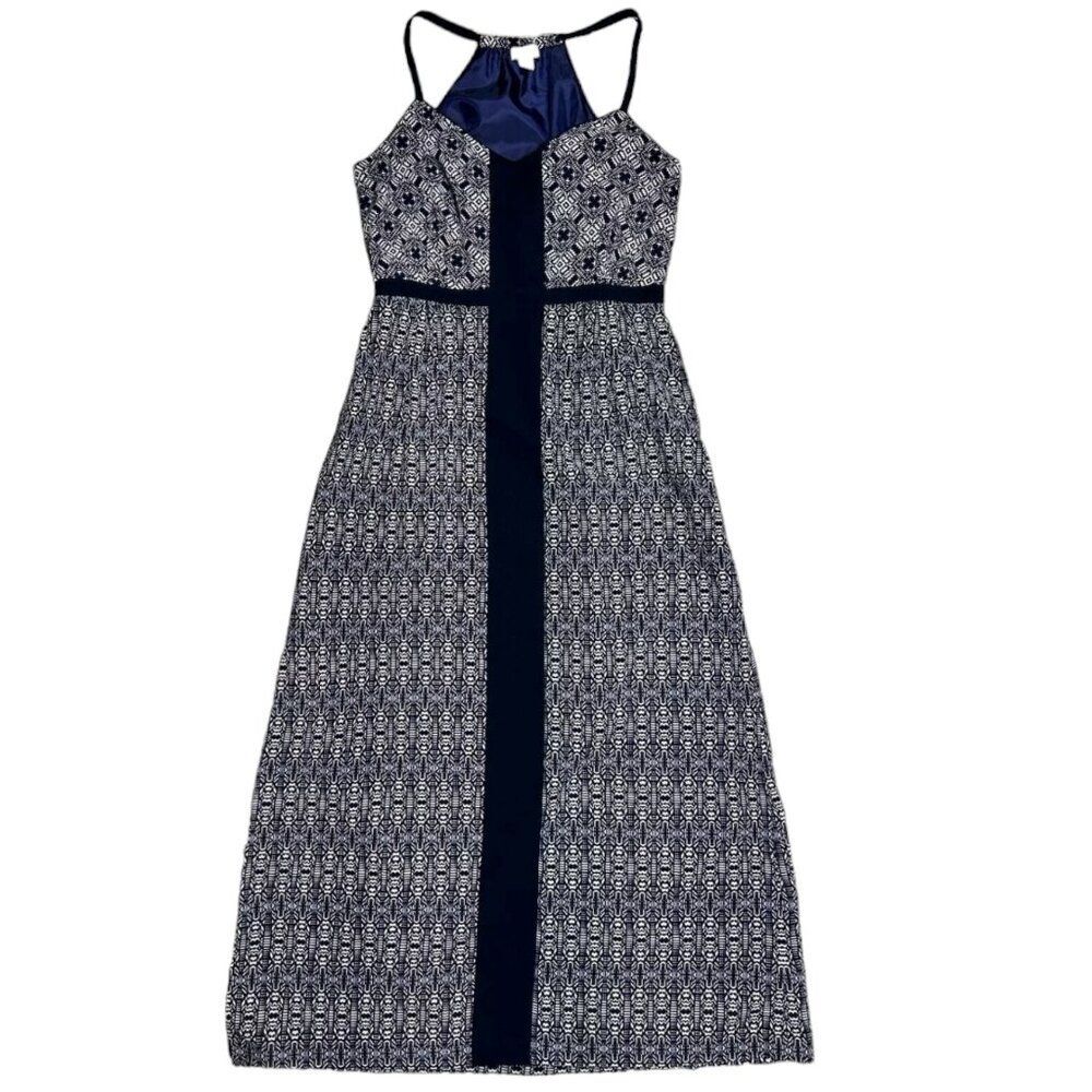 NWT J Crew Navy Blue White Geometric Print Maxi Dress Racer Back Size 2
